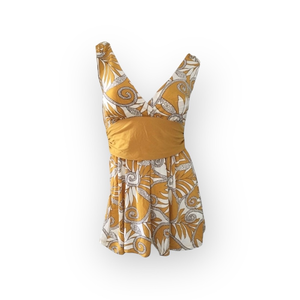 Come Como ❁ Printed Plunging V Neck Tunic Cami Tank ❁ Goldenrod + Ivory ❁ Large - Picture 2 of 16